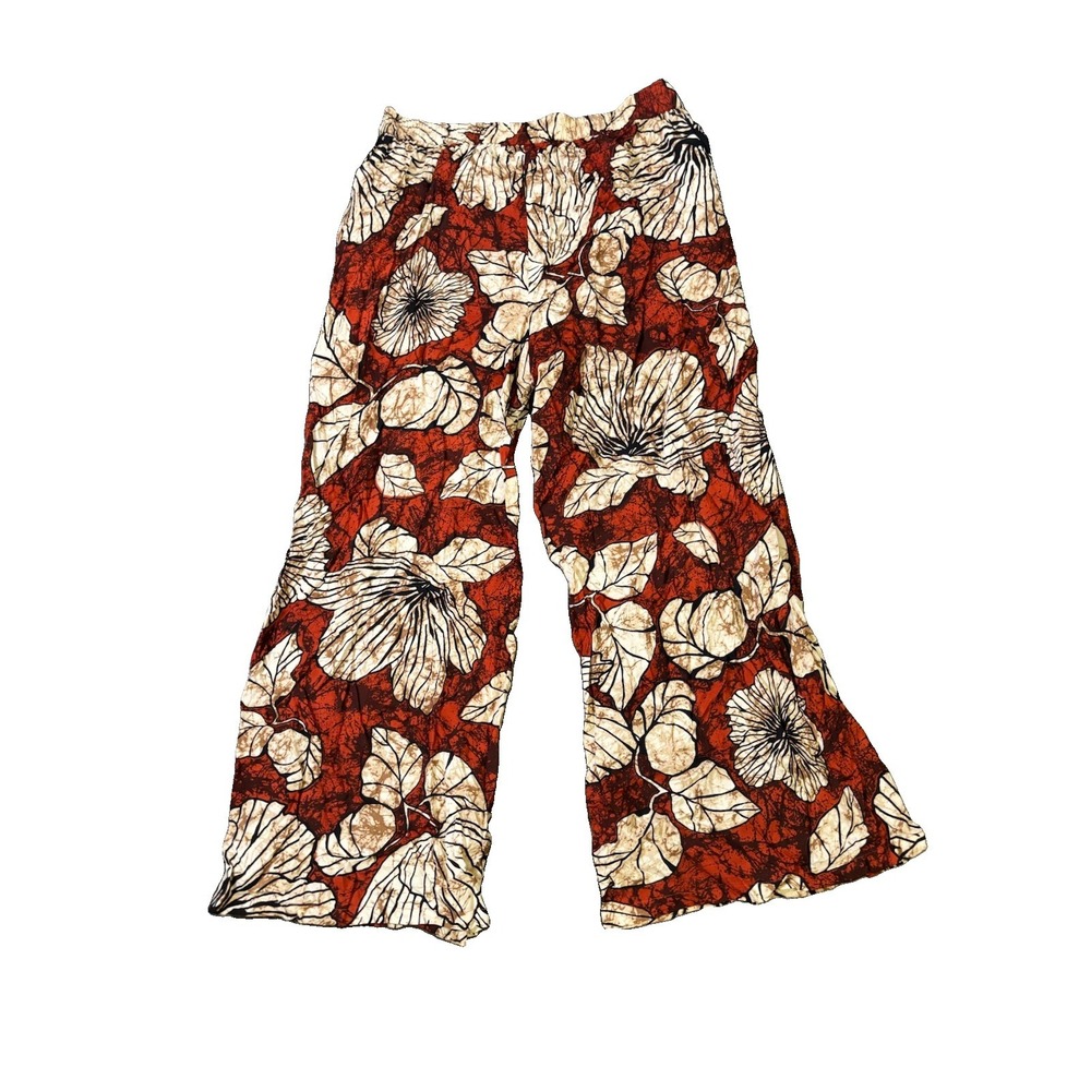 New York & Company Floral Wide Leg Pants Size L Elastic Waist Tropical Boho